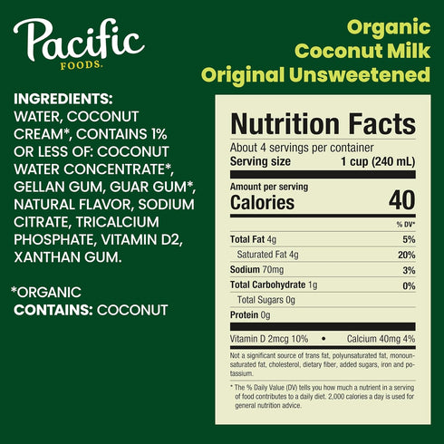 32 oz (Pack 2) Pacific Foods Organic Unsweetened Coconut Milk, Plant Based Milk, Carton