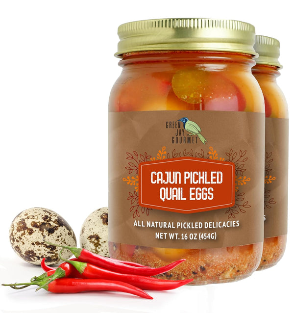 Green Jay Gourmet Cajun Pickled Quail Eggs in a Jar Fresh Hand