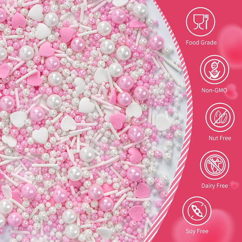 Jimmies 130g/4.58oz,Baking Edible Heart Sprinkles for Cake Decorating,White Pink Pearl Sugar Mix Size Candy