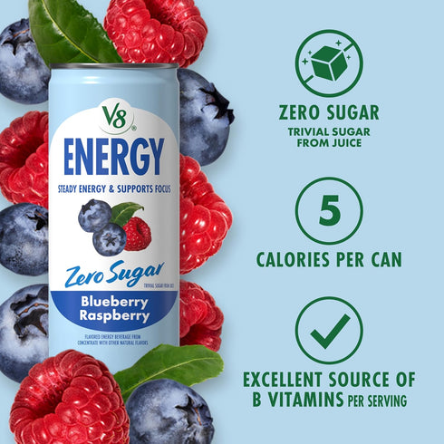 V8 8 oz. (24 Pack) Energy Zero Sugar Blueberry Raspberry, fl. Can