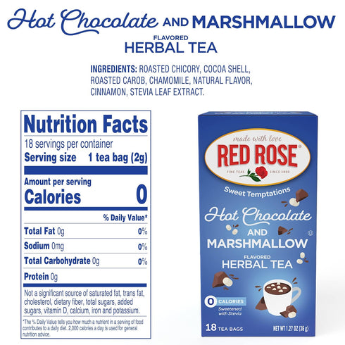 18 Count Pack 6 Red Rose Sweet Temptations Dessert Tea Hot Chocolate with Marshmallow, Zero Carbs, Zero Sugar Bursting