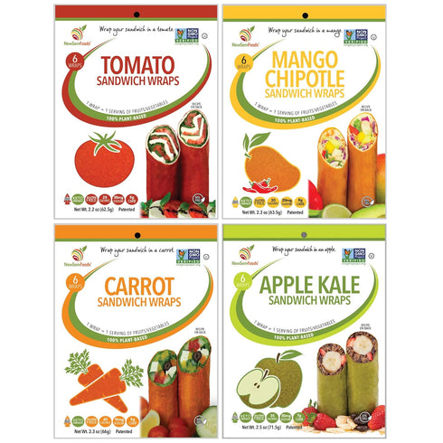 Tomato, Carrot, Apple & Mango Sandwich Wraps (Four-Pack Variety) Vegan, Gluten-Free, Low-Carb,