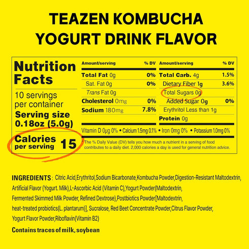 10 Packets, 1.76oz TEAZEN Yogurt Flavored Kombucha Powder, Hydration Drink Mix, Sugar Free, Live Probiotics