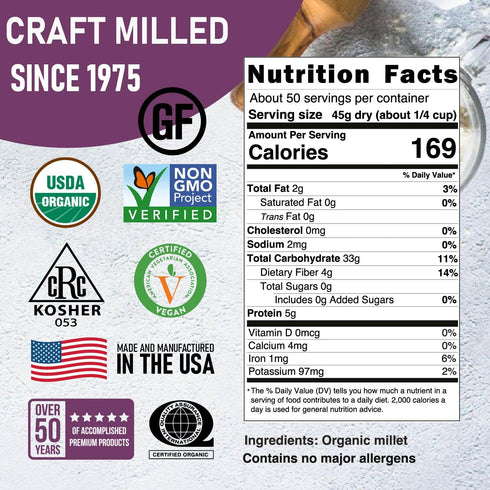 5 Lb Great River Milling Organic Hulled Millet | Whole Grain Ancient Grain | Gluten-Free, High-Fiber Superfood |
