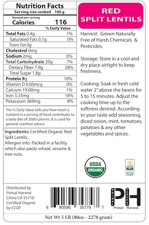 Bulk-1LB Organic Red Split Lentils aka Masoor Dal low calories rich in Iron and Protein Raw non-GMO Vegan