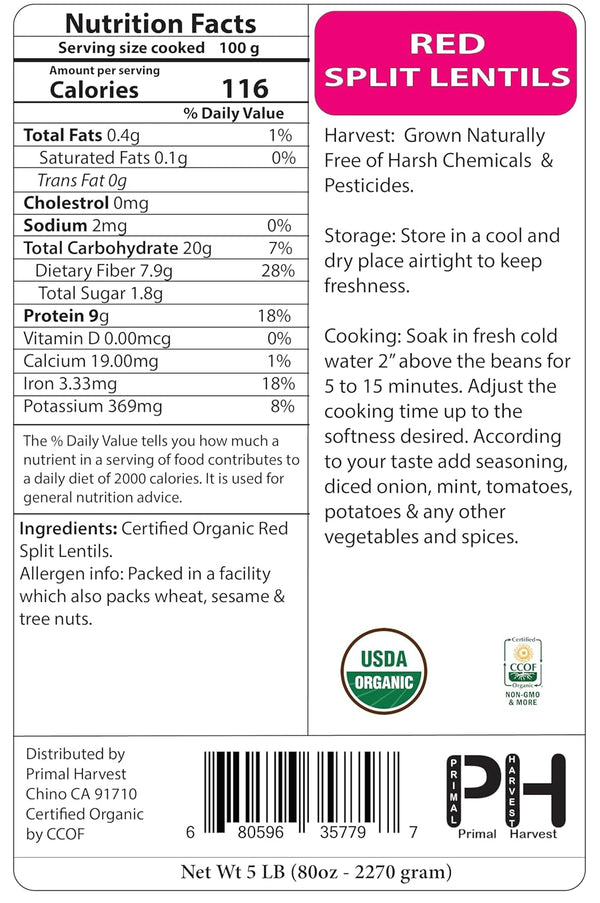 Bulk-5LB Organic Red Split Lentils aka Masoor Dal low calories rich in Iron and Protein Raw non-GMO Vegan