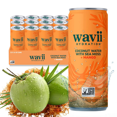 Wavii Coconut Water with Sea Moss plus Mango, 12 Pack, 11 fl