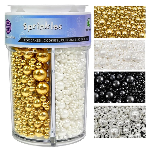 Sprinkles Pearl Mix 4 Colors - Gold, White, Silver, and Black Pearl for Cake Decorating, 8Oz