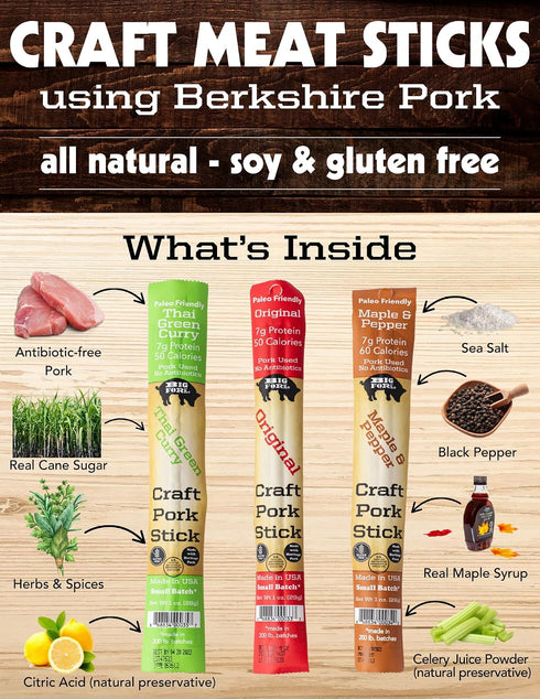 100% 20 Count (1 oz Big Fork Maple & Pepper Pork Snack Sticks Small-Batch, Hickory-Smoked Meat Sticks | Berkshire Pork