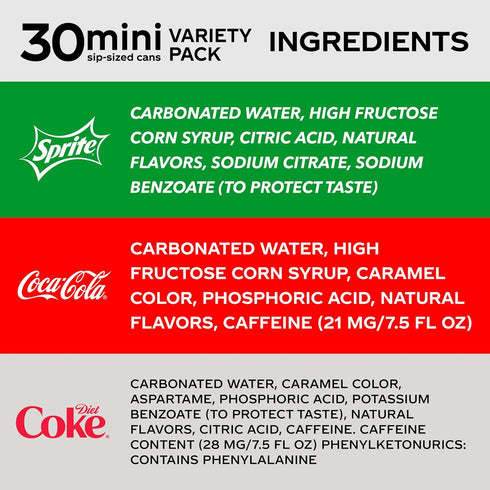 Pack, 7.5 Oz, Pack 30 (10 7.5 Oz Coca-Cola Mini Can Variety Fl Of Each: Coke Classic, Diet Coke, Sprite),, Fl ()