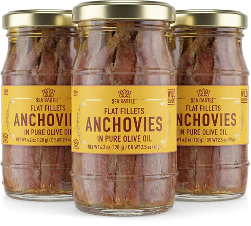 Sea Castle Wild Caught Flat Fillet Anchovies in Olive Oil, 4.2 oz (3 Pack)