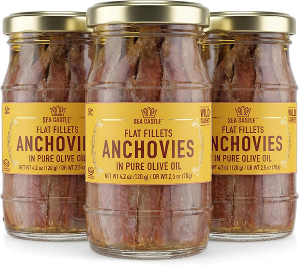 Sea Castle Wild Caught Flat Fillet Anchovies in Olive Oil, 4.2 oz (3 Pack)