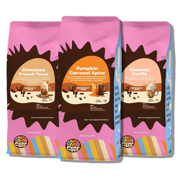 Crazy Cups Flavored Ground Coffee Variety Pack, Includes Cinnamon French Toast, Caramel