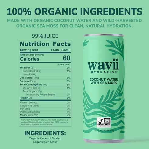 12 Pack, 11 oz Wavii Coconut Water with Sea Moss, fl Clean Hydration with Electrolytes and Ocean-Derived Trace