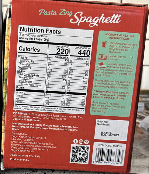 Generic 1 7.05 oz, 6 Pack Fully Cooked Spaghetti, Pasta, Ready in Minute, Microwaveable BPA Free Pouch, Non-GMO, Halal