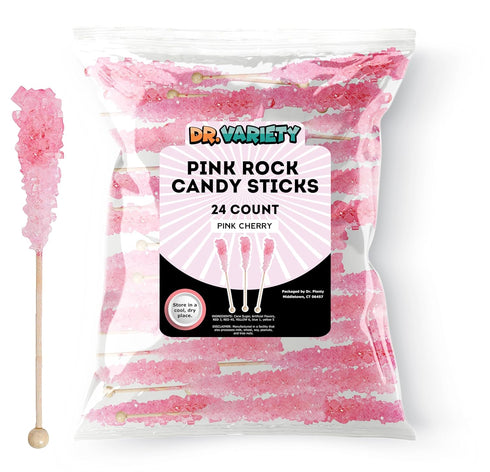 Pink Rock Candy Sticks Cherry Sugar Flavor, 24 Pack Bulk Individually Wrapped