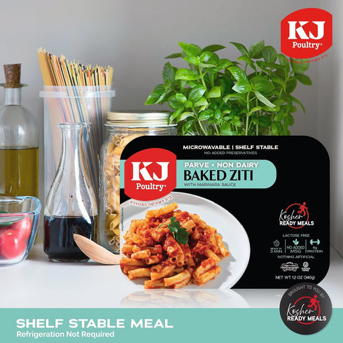 (3 Pack) KJ Poultry Kosher Parve Ready Meals - Baked Ziti, MRE Meals Ready to Eat, Halal, Prepared Entree Fully Cooked