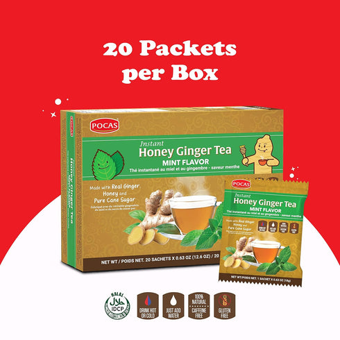 Pocas 20 Packets Honey Ginger Instant Tea Powder, Mint Flavor, Real Ginger Extract & Sweetener, Caffeine-Free Tea