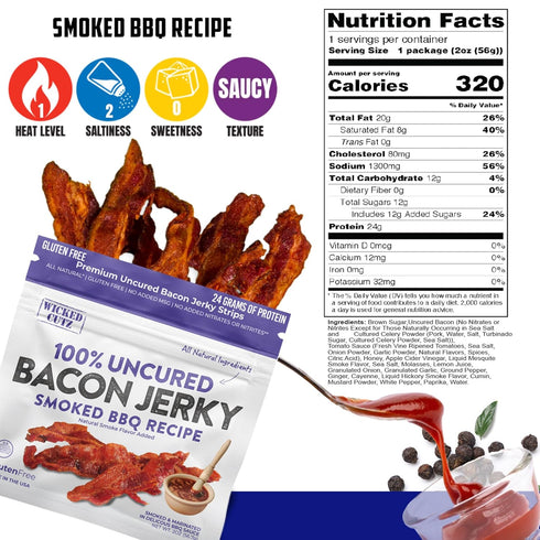 24g (2 Smoked BBQ Bacon Jerky, Protein Per Bag, Tender & Easy to Chew Fully Cooked Bacon, USA Made High Protein