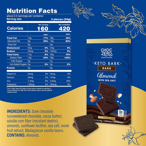 (4 Count, 3.2oz ChocZero Dark Chocolate Almond Bark with Sea Salt, Sugar Free, Vegan, Low Carb, High Fiber, Keto