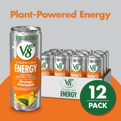 V8 11.5 oz (12 Pack) +Energy Sparkling Orange Pineapple Juice Energy Drink, fl Can