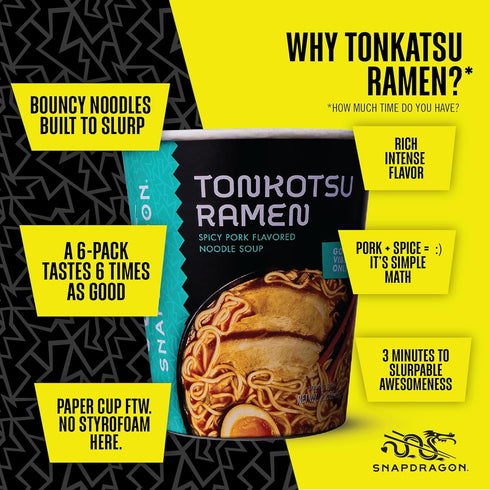 6 Pack Packs. Snapdragon Tonkotsu Ramen Cup Noodles - Instant Ramen Bowl with Authentic Wheat Noodles, Soup Sauce Base
