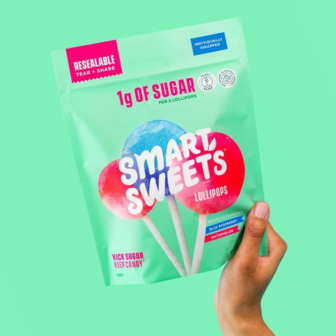 SmartSweets Lollipops - 3oz, Blue Raspberry & Watermelon Flavors, Low Sugar Hard Candy