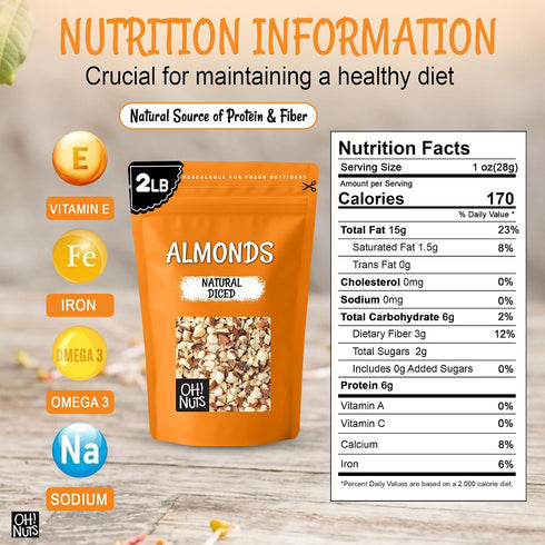 100% 2 lb Packed Oh! Nuts Almonds Natural Diced - Raw - Natural - - High-Protein Diced Almonds - in New York Zip-Seal