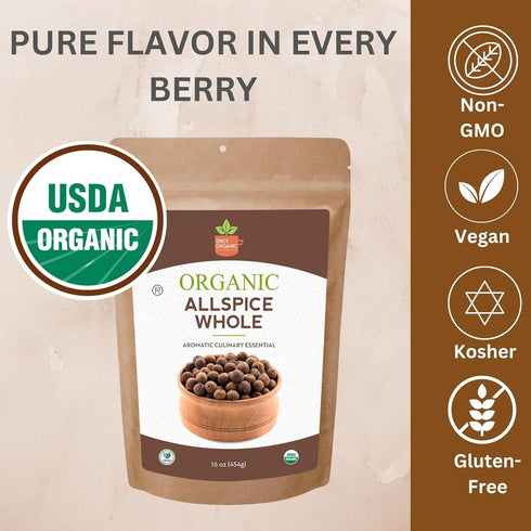 16 oz. SPICY ORGANIC Pure Organic Allspice Berries Whole Certified USDA Organic - Premium Pimento Seeds and Peppers