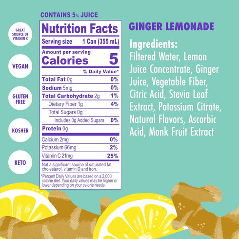 100% 12 oz (Pack 12) Swoon Ginger Lemonade - Sugar Free Lemonade, Low Carb, Keto & Paleo-Friendly, Gluten-Free - Zero