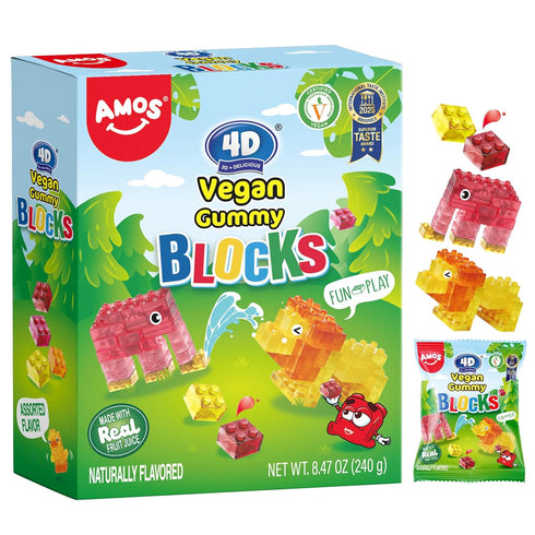 AMOS 4D Vegan Gummy Blocks Candy Assorted Fruit Flavors, Made with Real