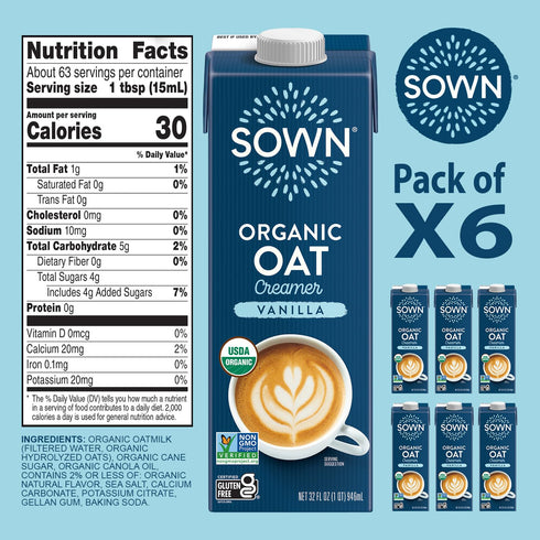 32oz (Pack 6) SOWN Organic Oat Creamer Vanilla - Barista Oat Milk Non Dairy Coffee Creamer - Plant Based, Dairy-Free