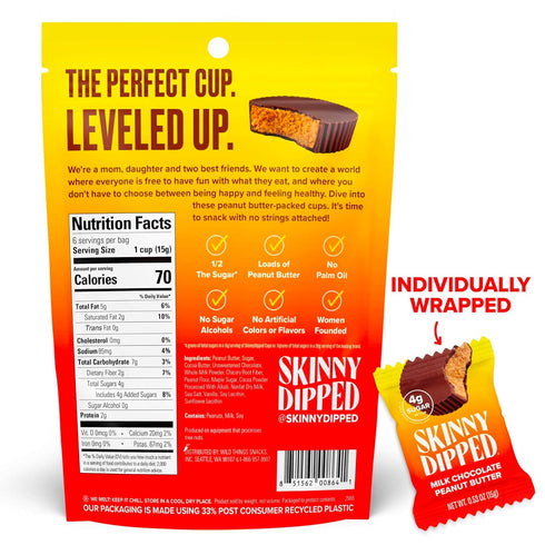 SkinnyDipped Milk Chocolate Peanut Butter Cups, Low Sugar, Gluten Free, 3.2oz Bag, 4 Pack (24 Cups Total)