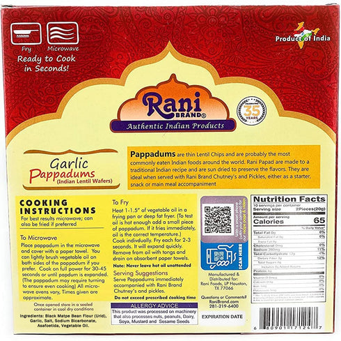 Rani Pappadums Garlic Papad, 7oz (200g), Indian Lentil Wafer Snack, Gluten Friendly, Vegan