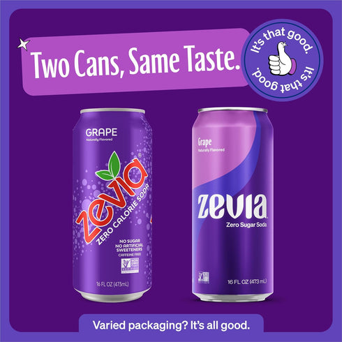 Soda,Grape,16 oz Verified,Gluten-Free,Vegan,(Pack 24) Zevia Zero Sugar Cans Naturally Sweetened,Non-GMO Project
