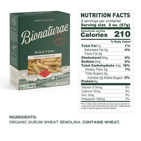 16 Oz, 3 Pack Bionaturae Rigatoni Pasta Noodles - Durum Semolina Pasta, Kosher, High Protein, Non-GMO Verified, USDA