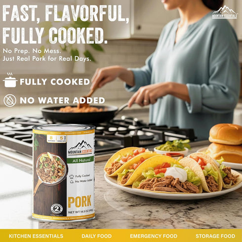 14.5 oz 5-Year Pack 1 MOUNTAIN ESSENTIALS Canned Pork Fully Cooked, Ready to Eat Pantry Staple Meat for Everyday Meals