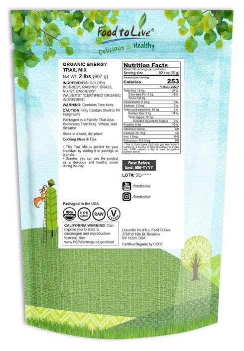 2 Food to Live Organic Energy Trail Mix, Pounds Non-GMO and Raw Nuts and Berries including Cashews, Golden Berries