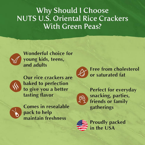 Packed (2 LBS) NUTS U.S. - Oriental Rice Crackers With Green Peas | Non-GMO and Cholesterol Free | Vegan | Soy