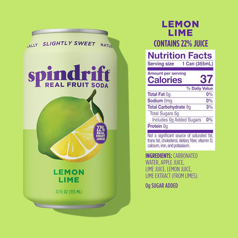 Pack 12 Spindrift "Lemon Lime" Soda, Made with Real Squeezed Fruit