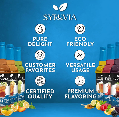 Pack 25.4 Oz (6 Pack) Syruvia Sugar Free Tea Syrup Variety Sweet Tea & Fruit Flavored Water Enhancer Drink Mix for Iced