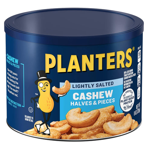 8 Oz PLANTERS Lightly Salted Cashews, Cashew Halves & Pieces, Plant-Based Protein, Canister, Great Party Snack