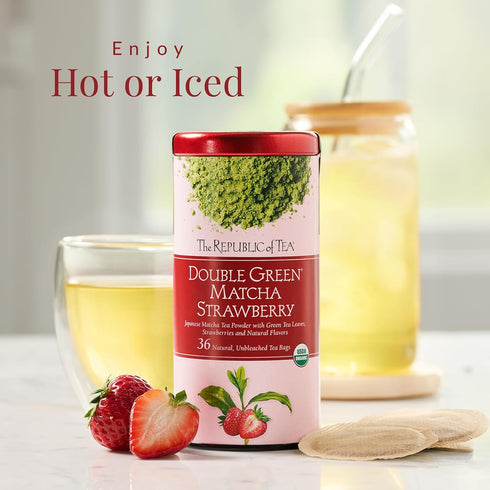36 The Republic of Tea Organic Double Green Matcha Strawberry, Individual Tea Bags with Japanese Matcha Tea Powder
