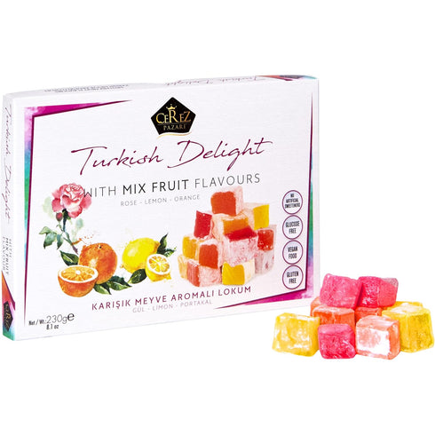 Cerez Pazari Turkish Delight with Rose, Orange and Lemon Mix Flavours 8.1 Oz - Vegan Candy Dessert Gift Box, Approx.