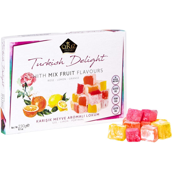 Cerez Pazari Turkish Delight with Rose, Orange and Lemon Mix Flavours 8.1 Oz - Vegan Candy Dessert Gift Box, Approx.