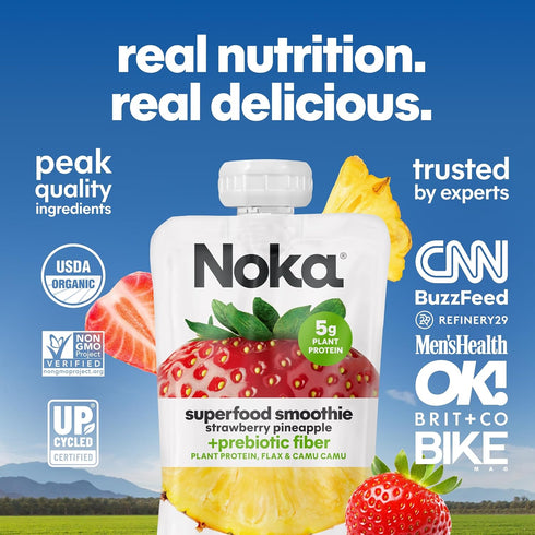 4.22 oz, 24 Count Noka Superfood Fruit Smoothie Pouches, Strawberry Pineapple, Healthy Snacks with Flax Seed, Prebiotic