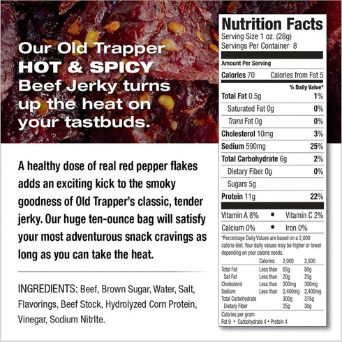 8 Pack, 11 70 (Pack Old Trapper Beef Jerky, Hot & Spicy Ounce Individual Tender and Spicy Meat Snacks for Lunches