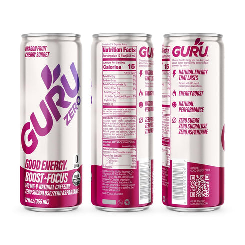 140MG 12 Oz, Pack 12 GURU ZERO SUGAR Dragon Fruit Cherry Sorbet Organic Energy Drink with Plant Based Natural Caffeine