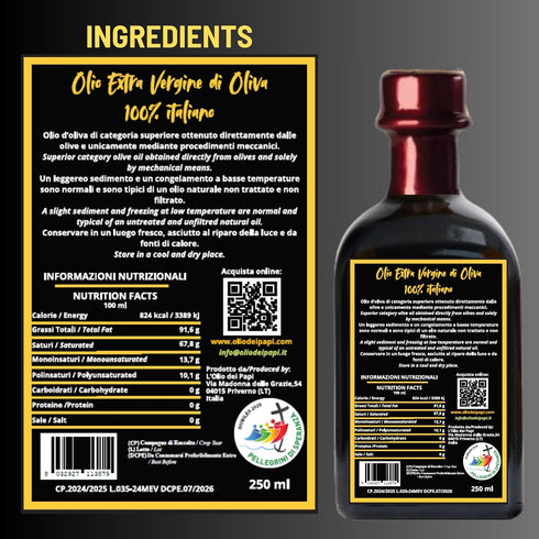 250 ml (8.5 fl.oz) 2025 L'Olio dei Papi - Gift Box - Italian Extra Virgin Olive Oil - Polyphenol and Oleocanthal Rich