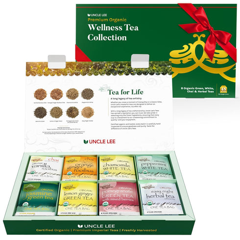 Uncle Lee’s Organic Tea Variety Gift Set, Wellness Collection with 8 Teas (6 Bags Each) in Premium Gift Box